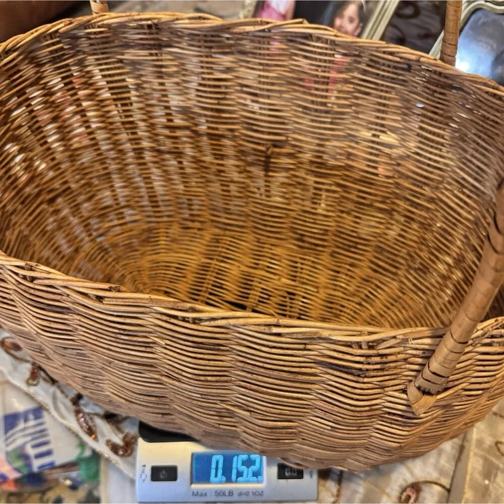 Vintage Large Wicker Basket with Handles Rustic Farmhouse Storage Laundry